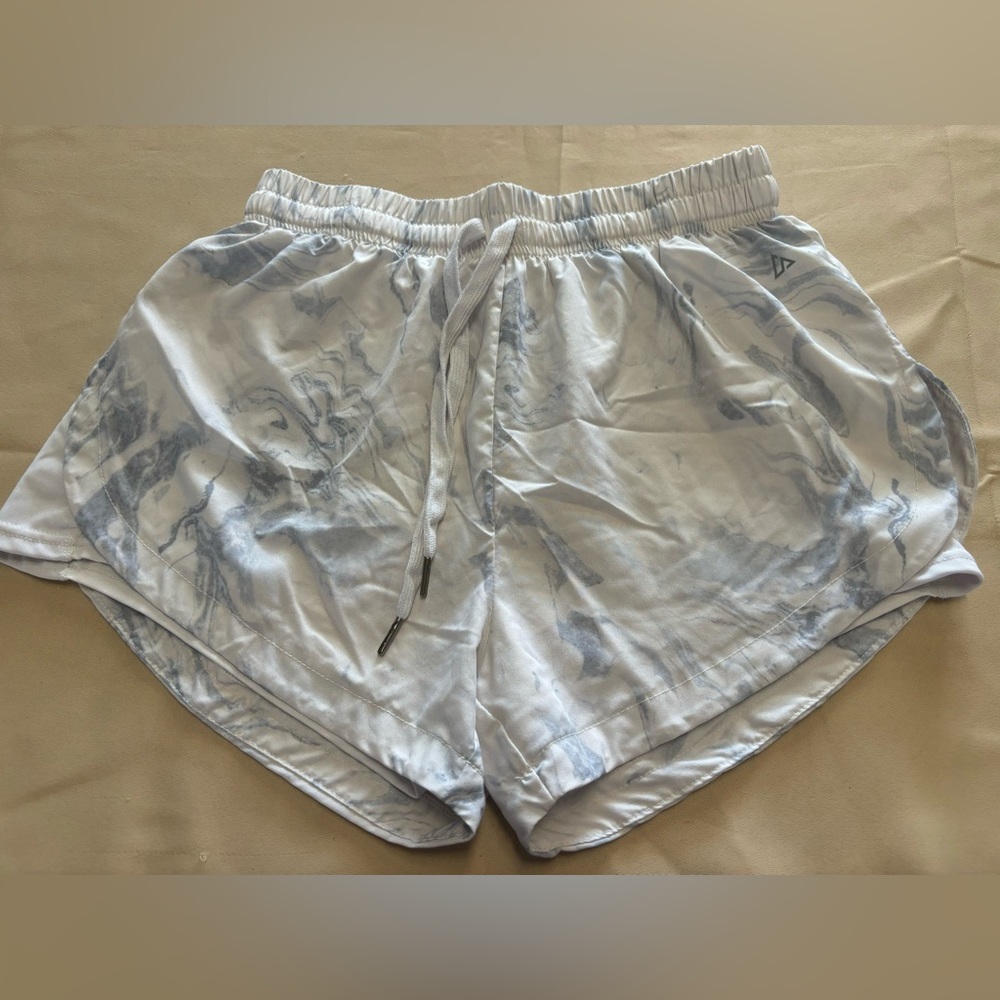 White and‎ Blue Athletic Marbled Shorts with Elastic Waistband